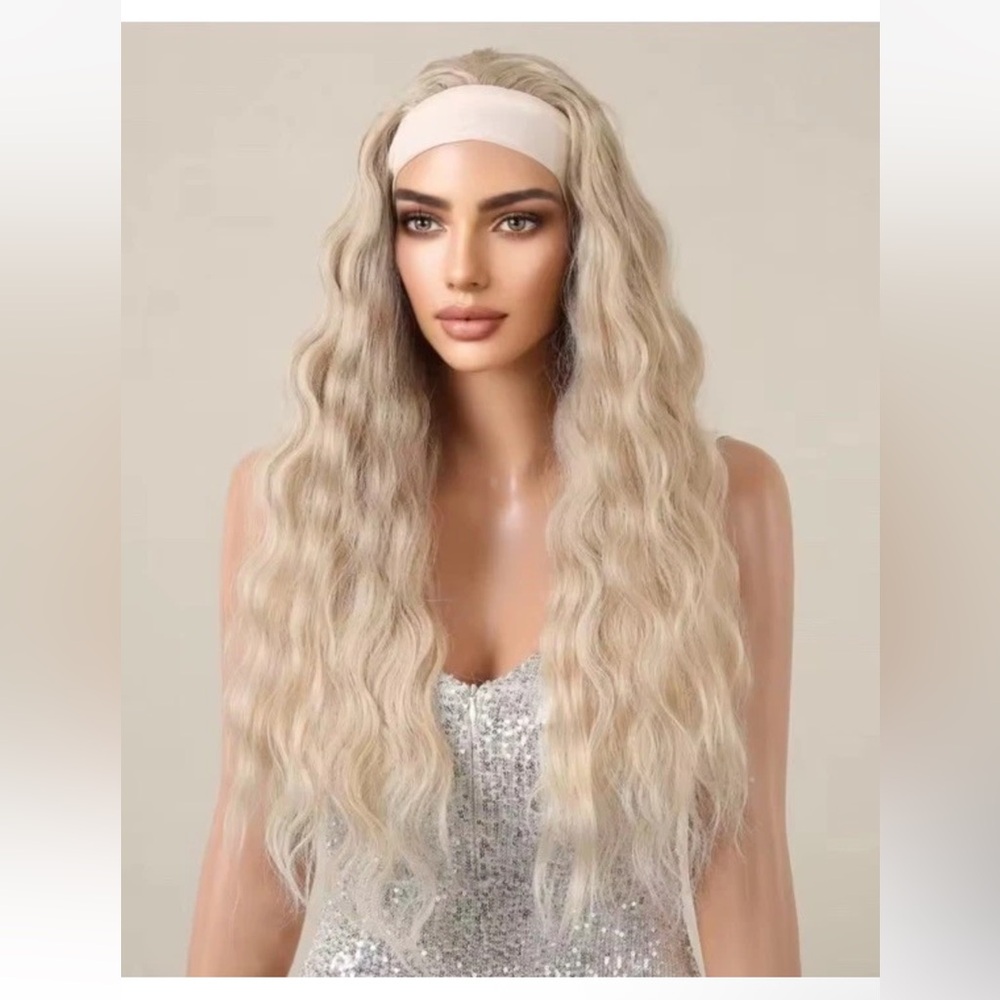 Long Curly Wavy Soft Headband Cap Blonde Synthetic Wig 28” New